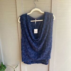 NWT - Free People Sleeveless Cowl Neck Floral Crochet Knit Top in Navy Size: XS